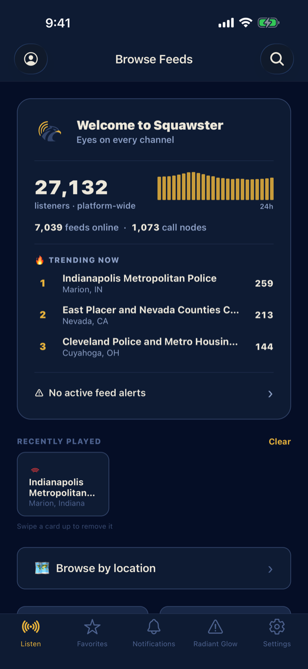 Squawster home screen with live listener counts and trending feeds