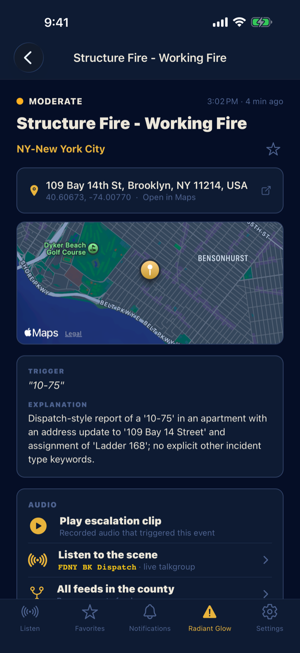 Major incident detail with location, map, and the audio that triggered it